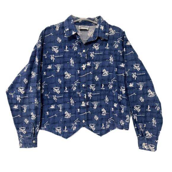 VTG Banjo Dallas Texas Button Up Western Saloon Shirt 1X Cropped Cowboys USAmade - Picture 1 of 12
